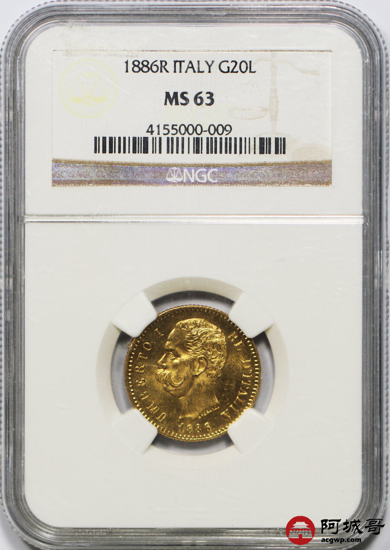 lot:3 1886年意大利20里拉金币 ngc ms63